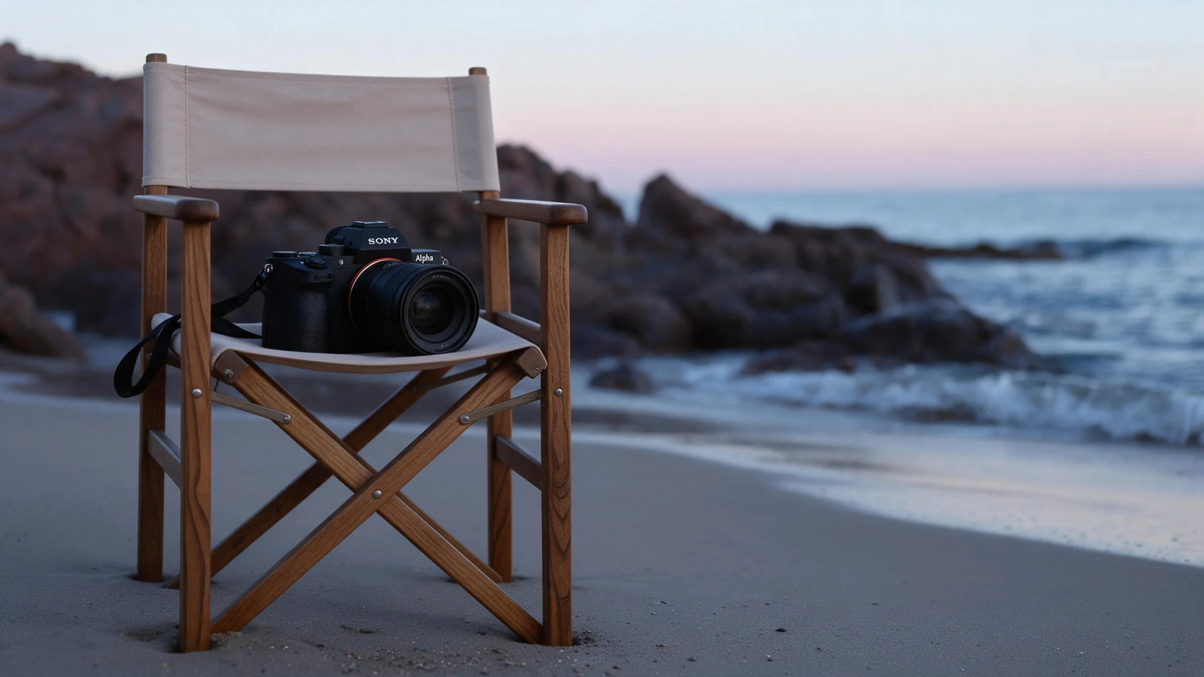 Sony camera on a wooden chair beside the sea