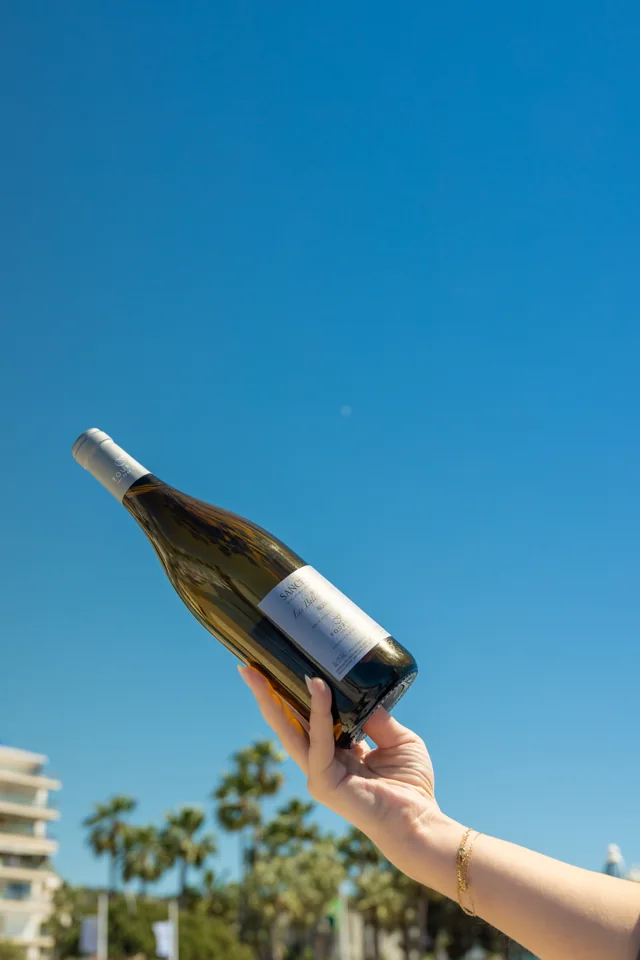 A hand holding a wine bottle against a clear blue sky with palm trees below